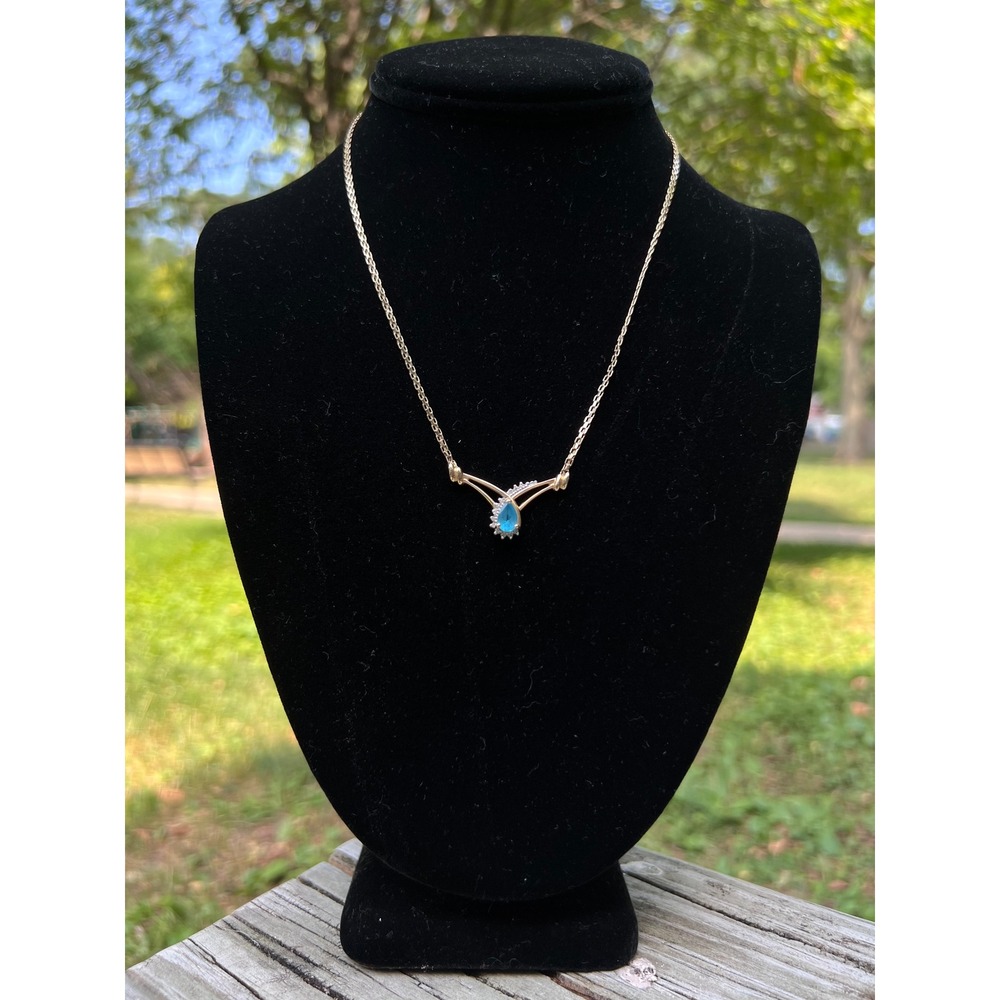 14K AV Asymetric Wave Pendant Necklace Pear cut Blue Topaz & Diamond Accent 17"